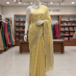 Yellow Cotton Silk Saree with Silver Zari Polka Motifs