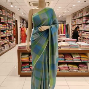 Blue & Green Checked Linen Saree with Tassel Pallu