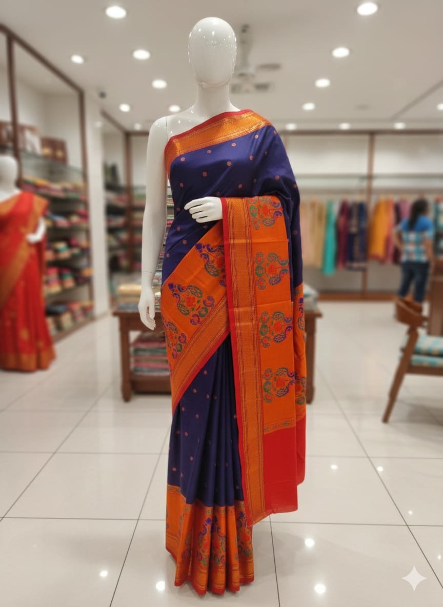 Navy Blue Paithani Silk Saree with Orange Zari Border & Traditional Motifs