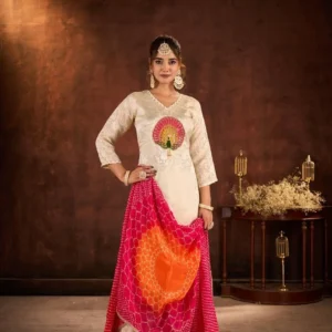 Women’s Designer Ivory Kurta Set with Bandhani Dupatta