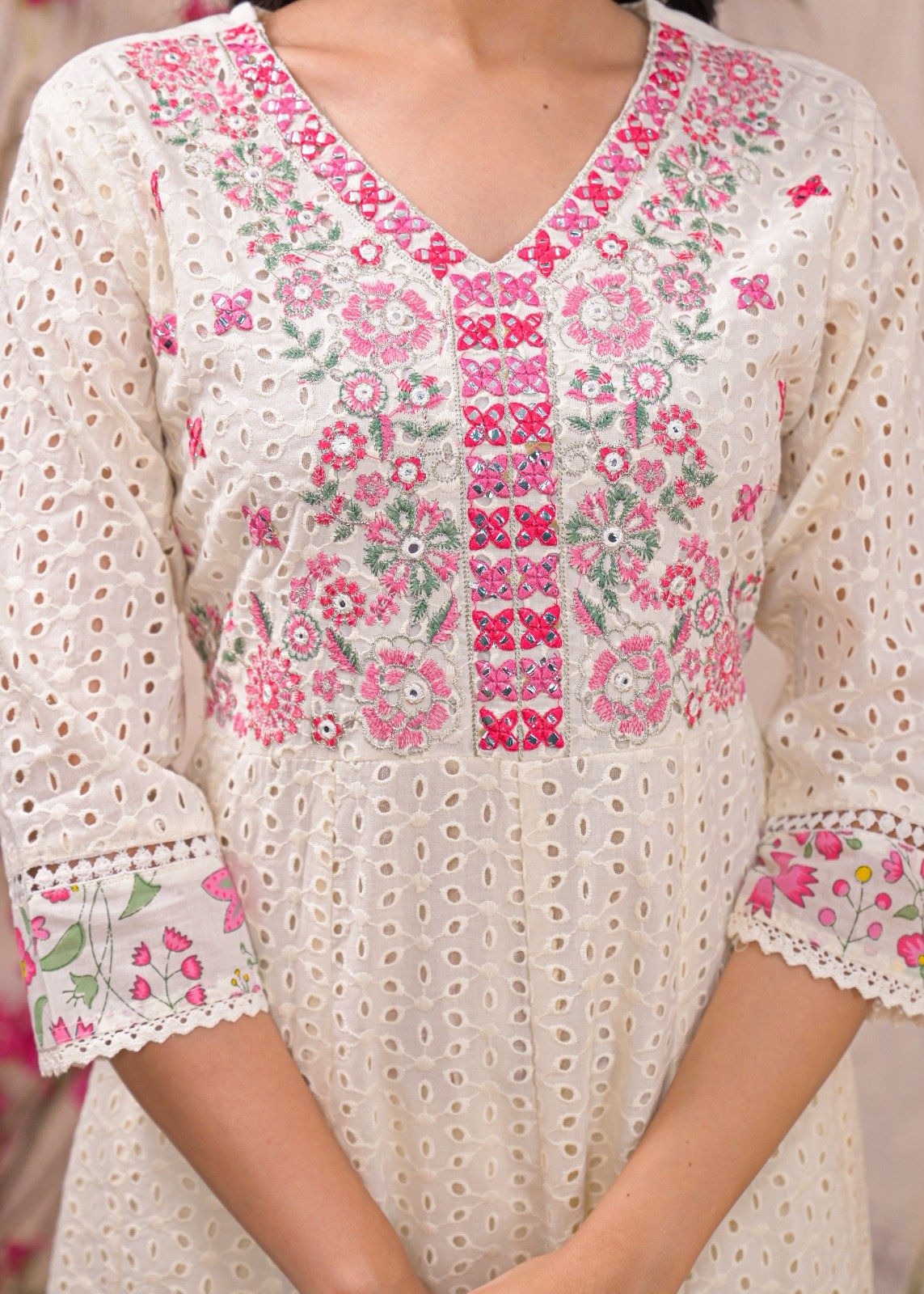 Ivory Floral Embroidered Cotton Kurta Set - Image 2