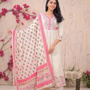 Ivory Floral Embroidered Cotton Kurta Set