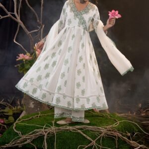 Ivory Green Printed Cotton Anarkali Set