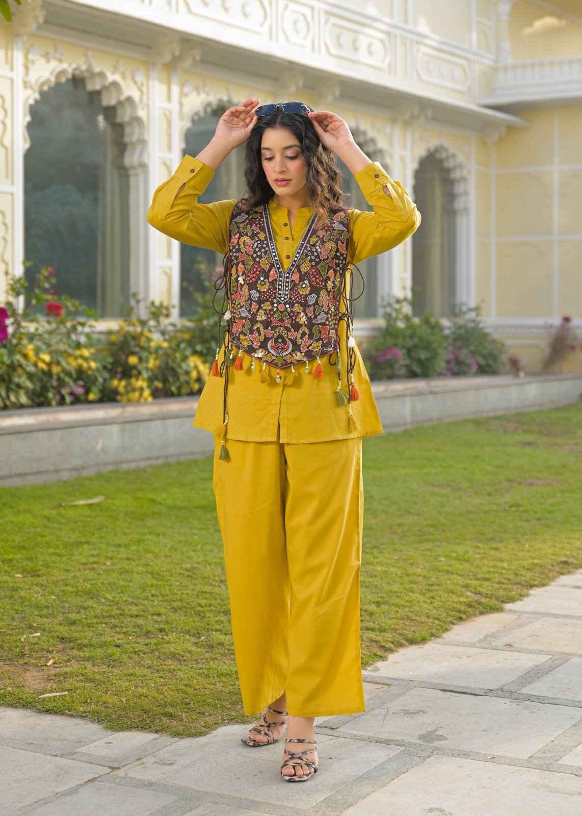 Mustard Yellow Kurta Set with Handwork Jacket