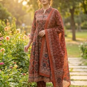 Women’s Rust Brown Printed Anarkali Suit with Dupatta