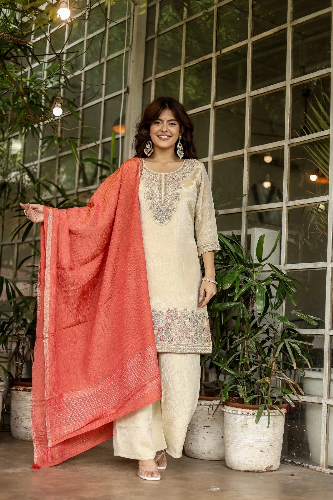 Ivory Embroidered Kurta Pant Set with Coral Dupatta for Women